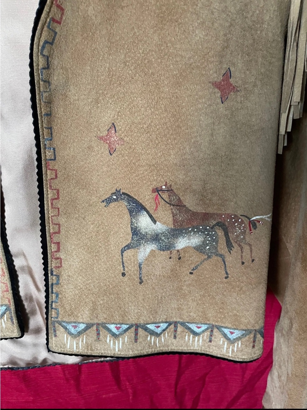 Patricia Wolf hand painted suede jacket fringe horses Indian ponies RTL $425 S - Picture 4 of 8